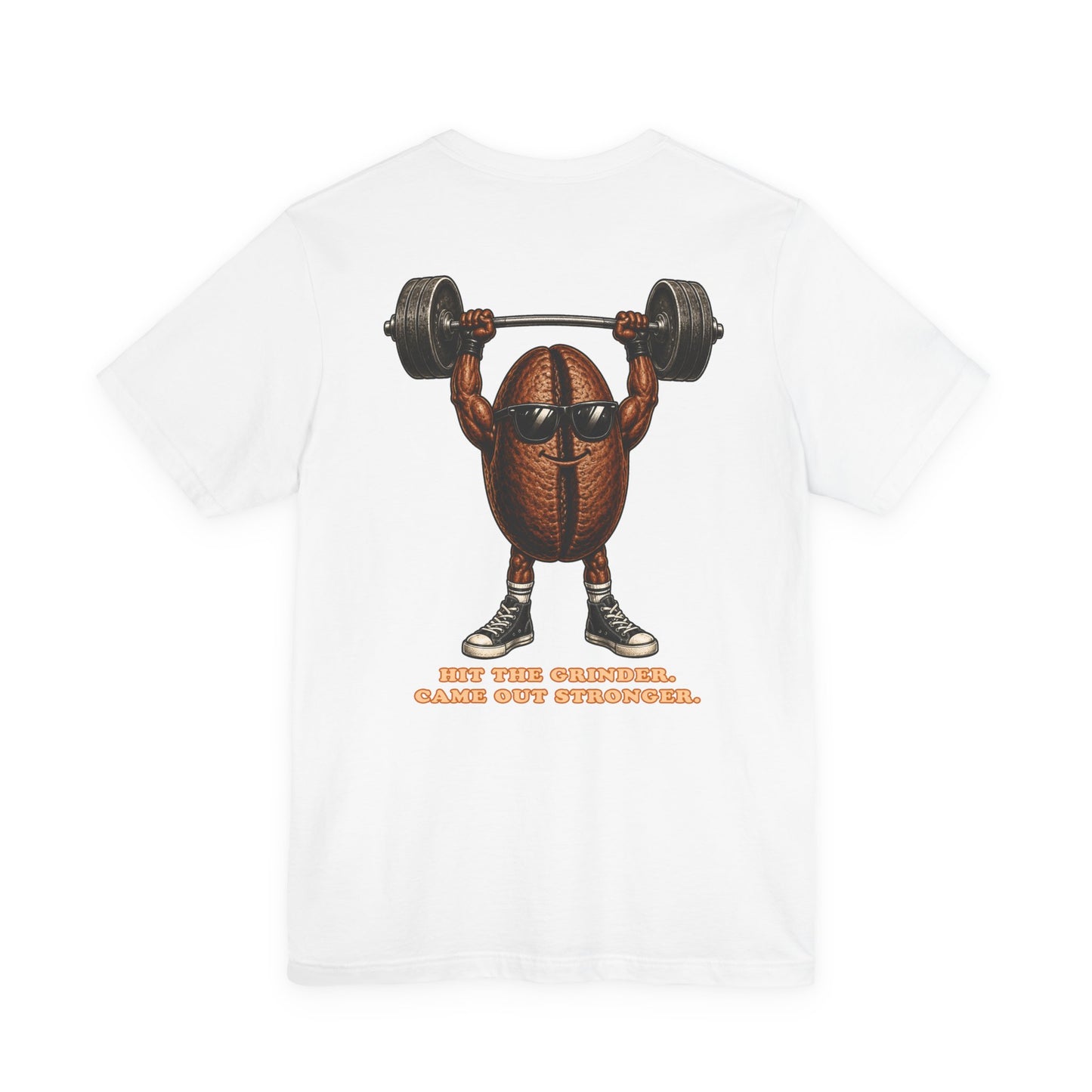 Coffee Bean Weightlifting Tee — "Notlaw" Chest Text, Strong Coffee Mascot Back