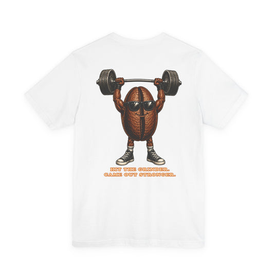 Coffee Bean Weightlifting Tee — "Notlaw" Chest Text, Strong Coffee Mascot Back