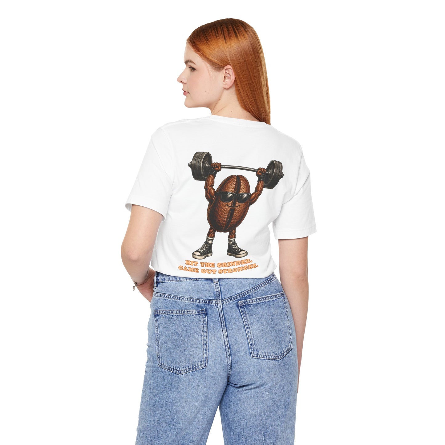 Coffee Bean Weightlifting Tee — "Notlaw" Chest Text, Strong Coffee Mascot Back