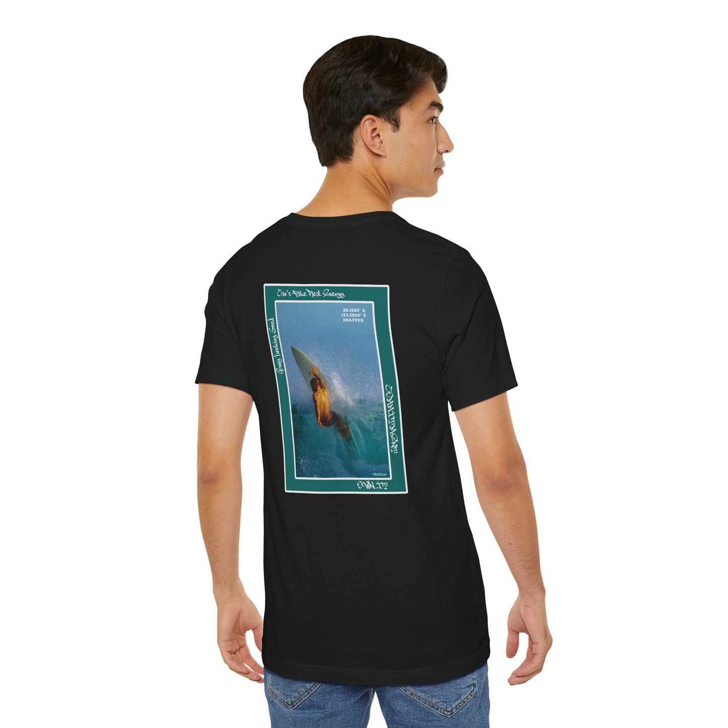 CAN'T FAKE REAL ENERGY — Retro Surfing Graphic Short Sleeve T‑Shirt